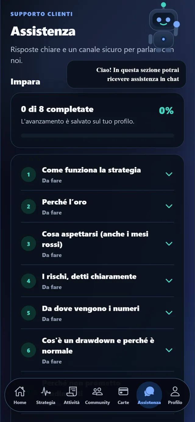 Schermata Assistenza dell'app