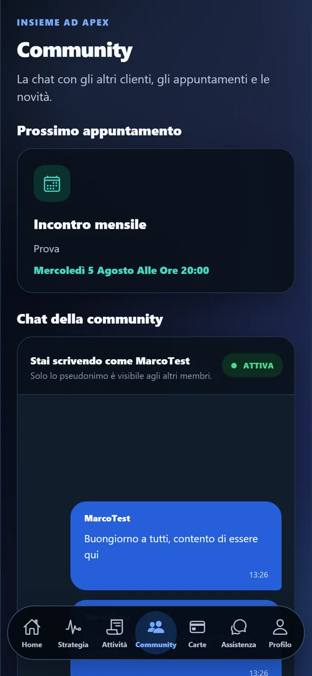 Schermata Community dell'app