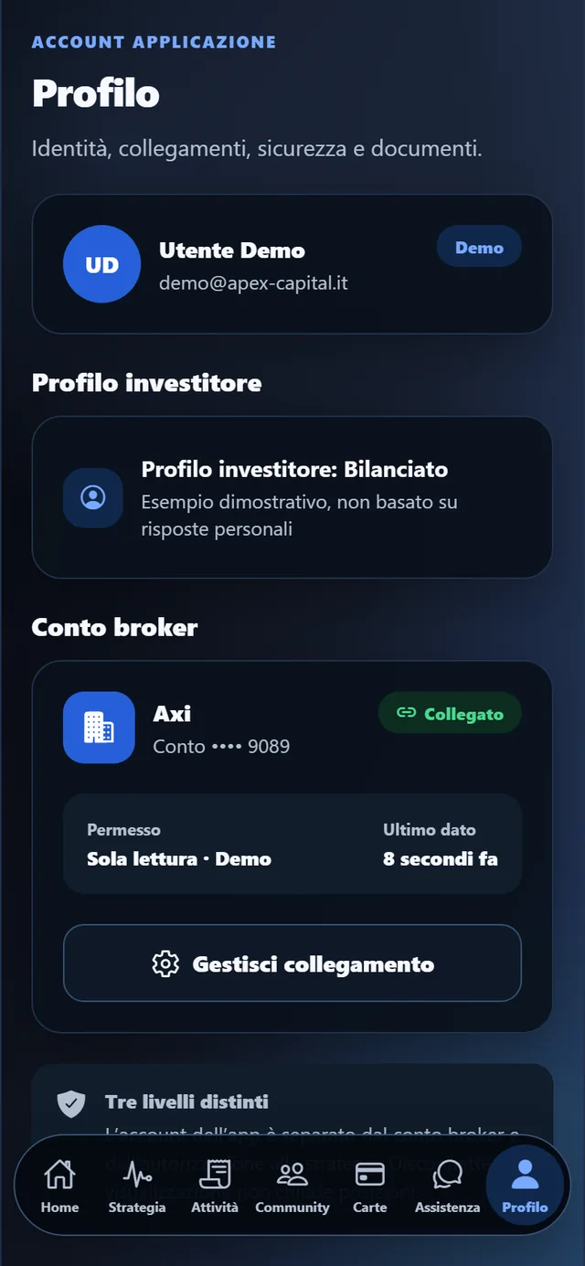 Schermata Profilo dell'app